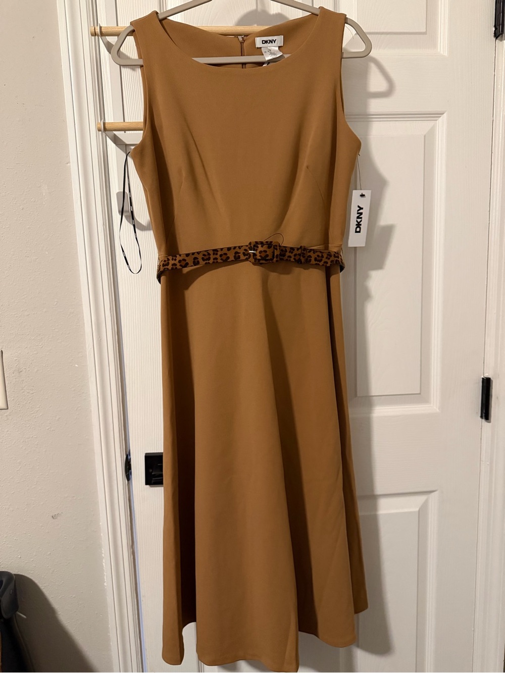 DKNY Camel Sleeveless A-Line Dress with Leopard Belt